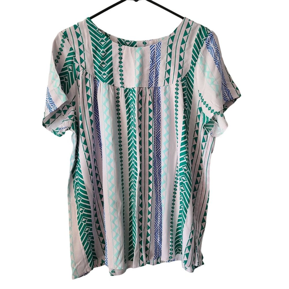 Andree By Unit US Women's Size L Chevron Striped Green Blue Flowy Blouse Top